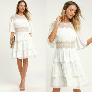 Lulus Westwind Lace Chiffon Pleated Tiered Dress 3/4 Flutter Skeeve Round Neck